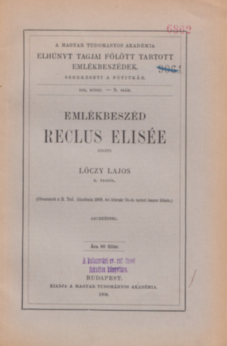 Lóczy Lajos - Emlékbeszéd Reclus Elisée fölött - XIII. kötet 9. szám