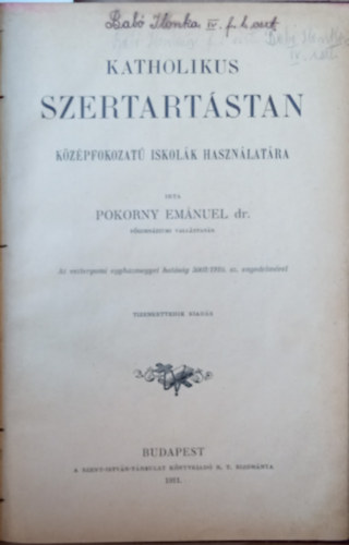 Dr. Pokorny Emnuel - Katholikus szertartstan kzpfokozat iskolk hasznlatra