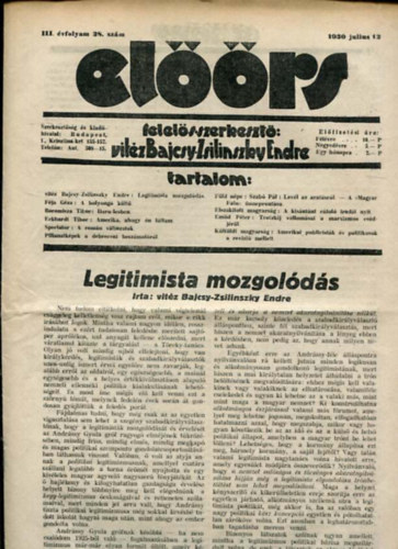 vit�z Bajcsy-Zsilinszky Endre  ( felel�s szerkeszt�) - El��rs foly�irat III. �vf. 28. sz�m. 1930. julius 12.