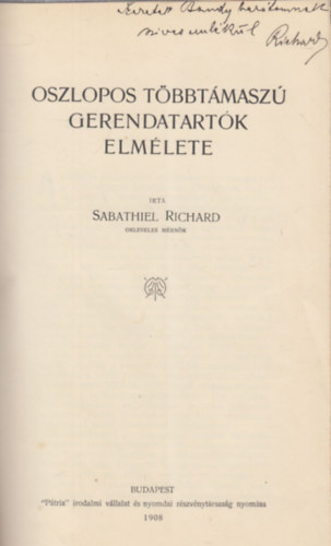 Sabathiel Richárd - Oszlopos többtámaszú gerendatartók elmélete (dedikált)