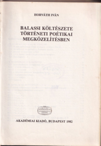 Horv�th Iv�n - Balassi k�lt�szete t�rt�neti po�tikai megk�zel�t�sben