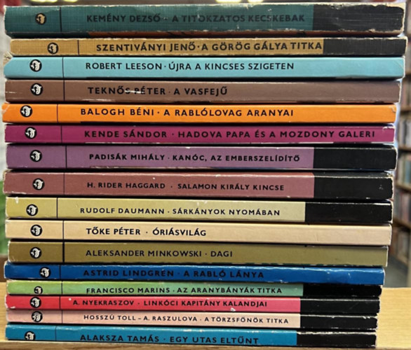 Astrid Lindgren, Erich Kstner, Daniel Defoe, R. L. Stevenson, Balogh Bni, Wilhelm Hauff, Rth-Vgh Istvn, Szombathy Viktor, Fehr Klra, Szrke Bagoly, Mndy Ivn, Tke P Tekns Pter - 64 db Delfin knyv: A titokzatos kecskebak, A grg glya titka, jra a kincses szigeten, A vasfej, A rabllovag aranyai, Hadova papa s a mozdony galeri, Kanc, az emberszelidt, Salamon kirly kincse, Srknyok nyomban, risvil