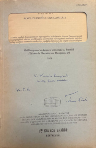T�th Istv�n - Janus Pannonius Geneal�gi�ja - K�l�nlenyomat