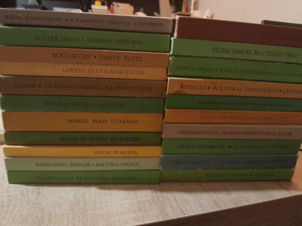 Wesselnyi Mikls Sfrn Gyrgyi   Spinoza  Egon Erwin Kisch, Ioan Slavici Haller Jnos Giovanni Boccaccio  Alferd Edmund Brehm  Bocskai Istvn - 21 Tka knyv    Hrmas histria - Dante lete - Goethe s a vilgirodalom - Levelek - Arany s Petfi levelezse - Antik portrk - Politikai tanulmny levelek - A Redl-gy