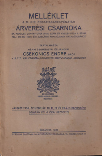 Melléklet a M. Kir. Postatakarékpénztár árverési csarnoka 1936. évi jubiláris aukciójának katalógusához