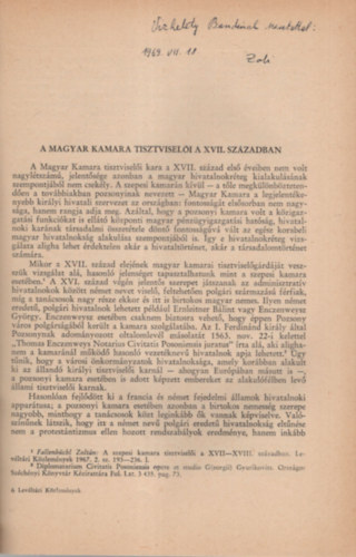 Fallenbüchl Zoltán - A Magyar Kamara tisztviselői a XVII. sz.-ban - Dedikált- Különlenyomat