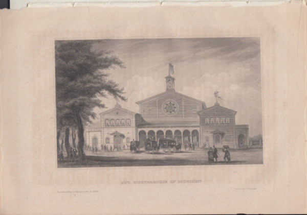 Der Eisenbahnhof in M�nchen (vas�t�llom�s, M�nchen, N�metorsz�g, Eur�pa) (16x23,5 cm lapm�ret� eredeti ac�lmetszet, 1856-b�l)
