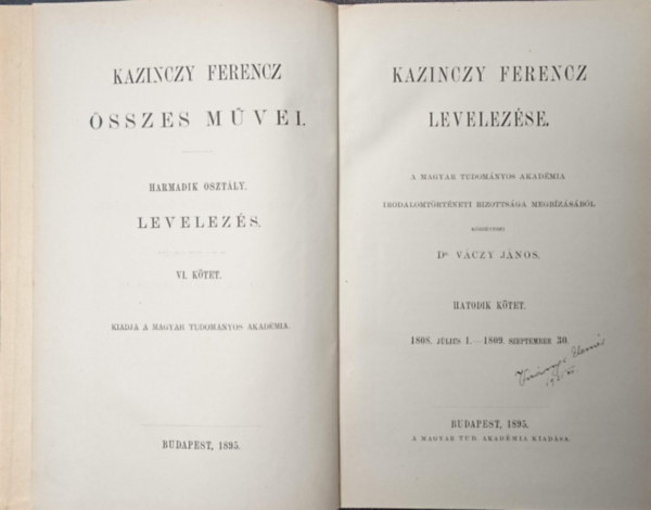 Dr. Vczy Jnos  (szerk.) - Kazinczy Ferencz levelezse VI. (1808-1809)