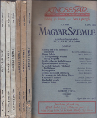 Bethlen István gróf - Magyar Szemle 6 db kötete: 1934/január+április+május+július+augusztus+szeptember