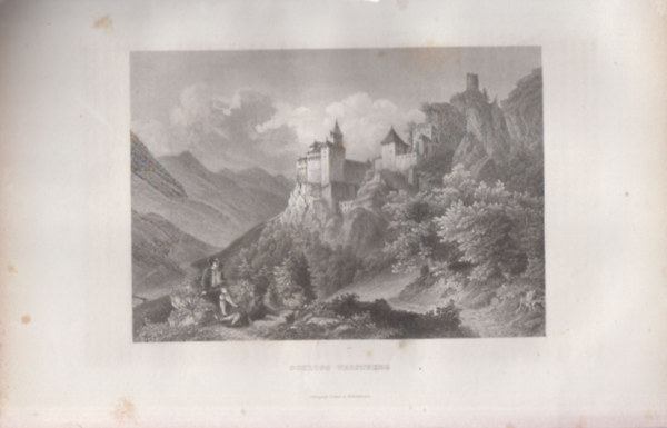 Schloss Trostburg- Trostburg kastély, Svájc (18x28 cm lapméretű eredeti acélmetszet)