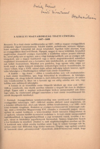 Benda K�lm�n - A kir�lyi Magyarorsz�g tiszti c�mt�ra 1606-1608 - Dedik�lt - K�l�nlenyomat