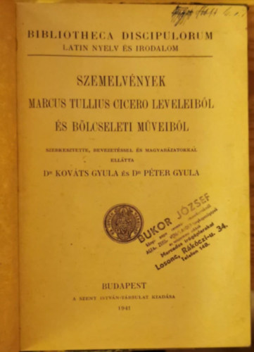 Kovts-Pter - Szemelvnyek Marcus Tullius Cicero leveleibl s blcseleti mveibl