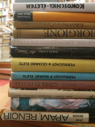 Bart Endre, Kenneth Clark, Lng Gyrgy, Andr Salmon, Donald Braider, Robert Payne, Jean Renoir Perruchot - 12 db festszet: Giorgione; Caravaggio lete; Renoir lete; letem; Apm, Renoir; Primavera; Modigliani szenvedlyes lete; Sznek s fnyek; Seurat lete; Czanne lete; Alv Vnusz; Leonardo Da Vinci
