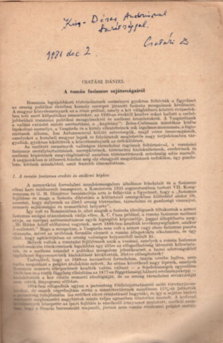 Csatári Dániel - A román fasizmus sajátosságairól - dedikált - különlenyomat