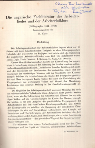 Nagy Dezs - Die ungarische Fachliteratur des Arbeiterliedes und der Arbeiterfolklore - Klnlenyomat - dediklt  ( nmet nyelv )