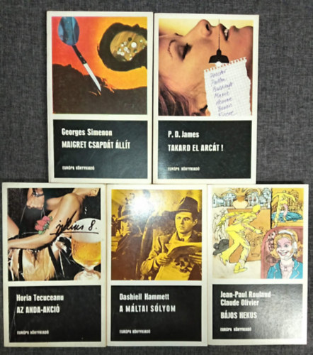 P. D. James, Horia Tecuceanu, Dashiell Hammett, Jean-Paul Rouland-Claude Oliver Georges Simenon - (5db) Fekete könyvek krimi könyvcsomag: Maigret csapdát állít / Takard el az arcát! / Az Anda-akció / A máltai sólyom / Bájos hekus