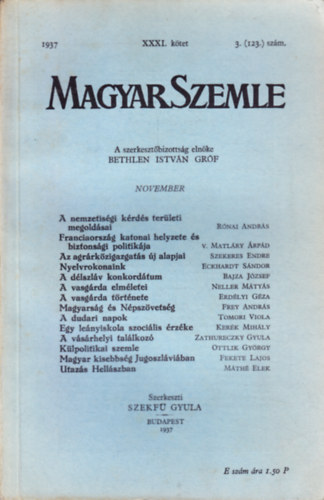 Bethlen Istvn grf - Magyar Szemle 1937. november XXXI. ktet 3. (123.) szm