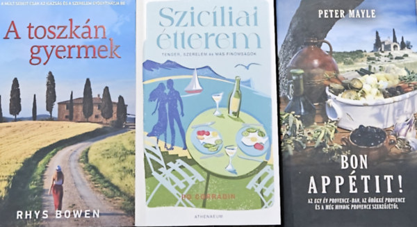 Peter Mayle, Ro Corradin Rhys Bowen - 3 db mediterrn romantikus regny: Szicliai tterem (KLNLEGES, LDEKORLT KIADS) +  A toszkn gyermek + Bon apptit!