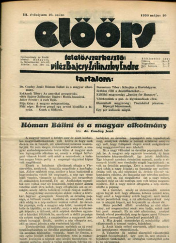 vitéz Bajcsy-Zsilinszky Endre ( felelős szerkesztő) - Előörs folyóirat III. évf. 19. szám. 1930. május 10.