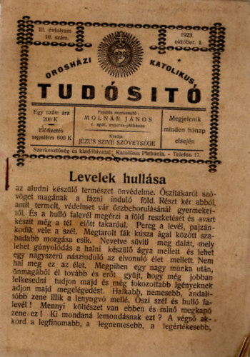 Oroshzi katolikus tudst 1923. oktber 1.