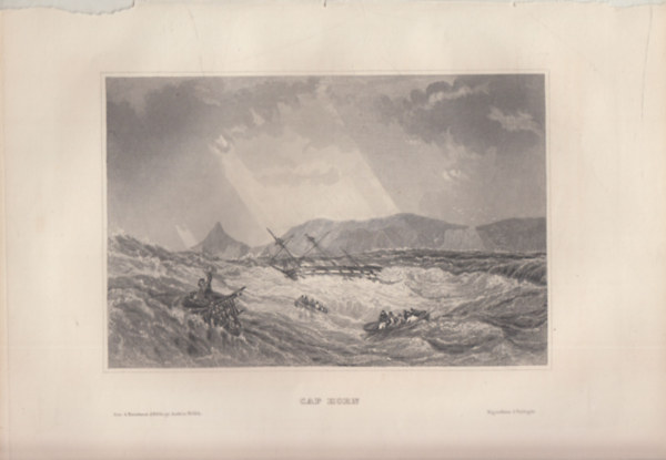 Cap Horn (Cape Horn, Horn-fok, Dél-Amerika legdélibb pontja, Chile) (16x23,5 cm lapméretű eredeti acélmetszet, 1856-ból)