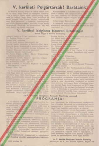 Az V. kerleti Ideinglenes Nemzeti Bizottsg azonnali programja (eredeti 1956-os rplap)