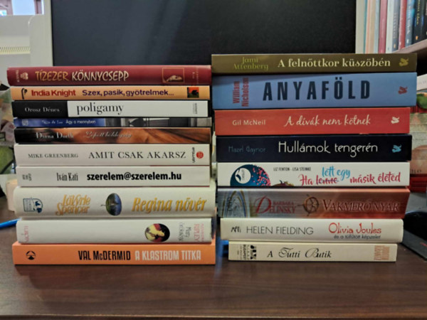 Jami Attenberg, Alexandra Ripley, Ivn Kati, Mike Greenberg, Elizabeth Kim, India Knight, Orosz Dnes, Diana Dorth, LaVyrle Spencer, Val McDermid, William Nicholson, Gil McNeil, Barb Helen Fielding - 20 db-os romantikus KNYVMENT AJNLAT: A felnttkor kszbn, Anyafld , A dvk nem ktnek, Hullmok tengern, Ha lett egy msik leted, Tzezer knnycsepp - Egy tvol-keleti n emlkiratai, Vakmer nyr, A klastrom titka - Ja