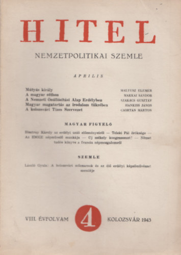 Hitel nemzetpolitikai szemle VIII. vfolyam / 1943 prilis