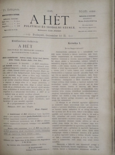 Kiss Jzsef (szerk.) - A Ht - Politikai s irodalmi szemle - 1895 (VI. vf.) 25-52. sz. (fl vfolyam egybektve)