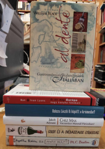 Diane Mott Davidson, Jakob Arjouni, Kolozsi L�szl�, Nan & Ivan Lyons, William Black M. C. Beaton - 6 db Gasztr�-krimi: Agatha Raisin �s a spen�tos halpite; Goldy �s a sv�dasztalos gyilkoss�g; Chez Max (Vacsor�zz Maxn�l, P�rizsban!; Ki k�p�tt a kr�mesbe?; Ki �li meg Eur�pa nagy konyhaf�n�keit?; Al dente (Gasztron�miai kalandoz�sok