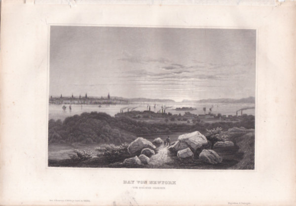 Bay von Newyork von Hoboken gesehen (New York l�tk�pe Hoboken fel�l, USA, �szak-Amerika) (16x23,5 cm m�ret� eredeti ac�lmetszet) (1856)