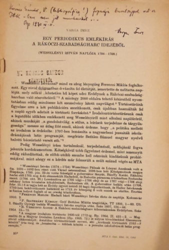 Varga Imre - Egy periodikus eml�k�r�s a R�k�czi-szabads�gharc idej�b�l (Wessel�nyi Istv�n napl�ja 1704-1708.)