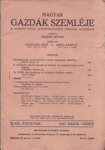 Ihrig K�roly Czettler Jen� - Magyar Gazd�k Szeml�je 1943/m�jus-j�nius