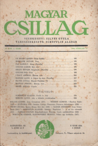 Illy�s Gyula  (szerk.) - Magyar Csillag foly�irat IV. �vfolyam. 4. sz�m.  1944. febru�r 15.