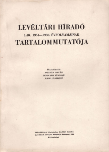 Levltri Hrad 1-10. 1951-1960. vfolyamainak Tartalommutatja