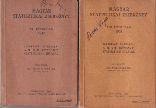 Dr. vitz Mike Gyula - 2 db Magyar Statisztikai Zsebnyv VIII. vf. 1939 s XI. vf. 1942