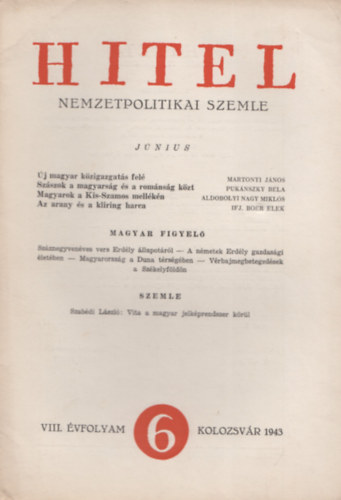 Hitel nemzetpolitikai szemle VIII. vfolyam 1-6 szm/ 1943 Jnius