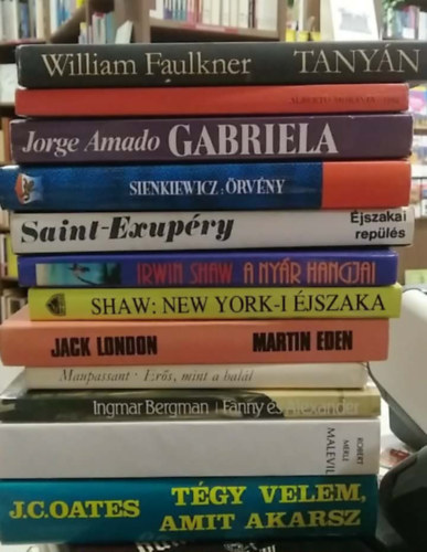 J.C. Oates, Robert Merle, Ingmar Bergman, Maupassant, Jack London, Irwin Shaw, Antoine de Saint-Exupéry, Sienkiewicz, Jorge Amado, William Faulkner A. Moravia - 12 db-os KÖNYVMENTŐ AJÁNLAT, próza: Tégy velem, amit akarsz+ Malevil+ Fanny és Alexander+ Erős, mint a halál+ Martin Eden+ New York-i éjszaka+ A nyár hangjai+ Éjszakai repülés+ Örvény+ Gabriela+ 1934+ Tanyán