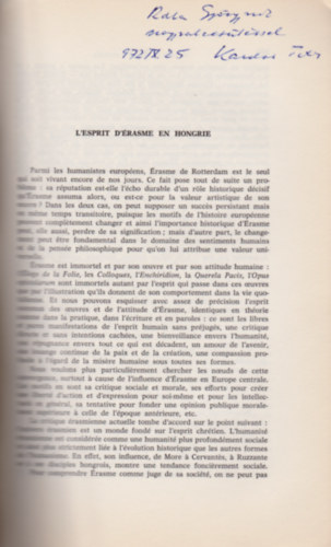 Kardos Tibor - L'Esprit d'rasme en Hongrie. (Colloqvia Erasmiana Tvronensia. Volume I.)