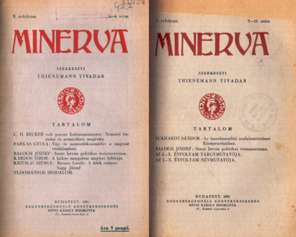 Thienemann Tivadar  (szerk.) - Minerva 1931. 1-10 teljes �vfolyam + 1934. 1-10 teljes �vfolyam