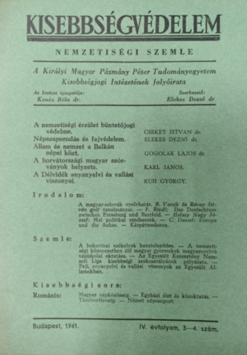Dr. Elekes Dezs  (szerk.) - Kisebbsgvdelem IV.vfolyam, 3-4. szm