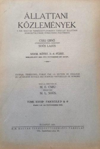 Soós Lajos Csiki Ernő (szerk.) - Állattani közlemények XXVIII. kötet 3-4. füzet