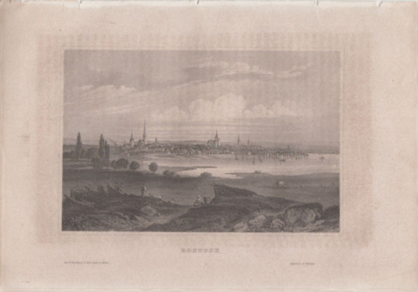 Rostock (kikötőváros, Németország, Európa) (16x23,5 cm lapméretű eredeti acélmetszet, 1856-ból)