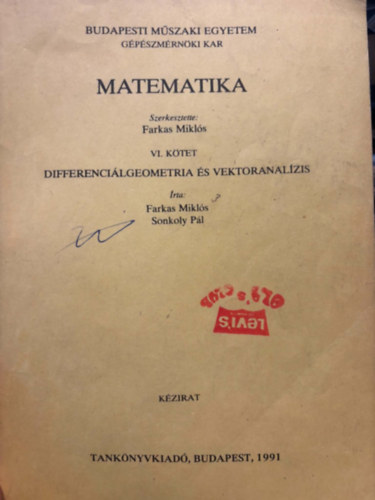 Farkas Miklós (szerk.) - Matematikapéldatár VI. kötet - Differenciálgeometria és vektoranalízis kézirat