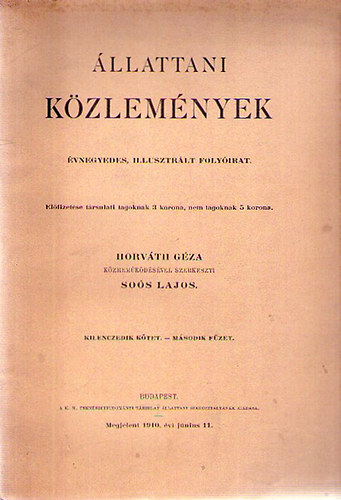 Horvth Gza  (szerk.); Sos Lajos (szerk.) - llattani Kzlemnyek IX. ktet 2. fzet