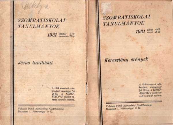 4 db vallsi fzet ( egytt ) Szombatiskolai tanulmnyok 1931. vfolyam 1-4. szm  ( teljes )