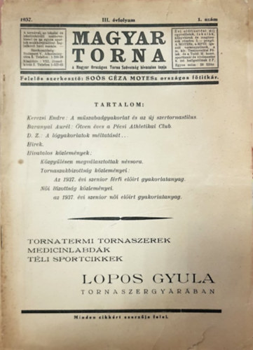 Sos Gza - Magyar Torna III. vfolyam 1937. 1, 3-5, 10, 11. szm