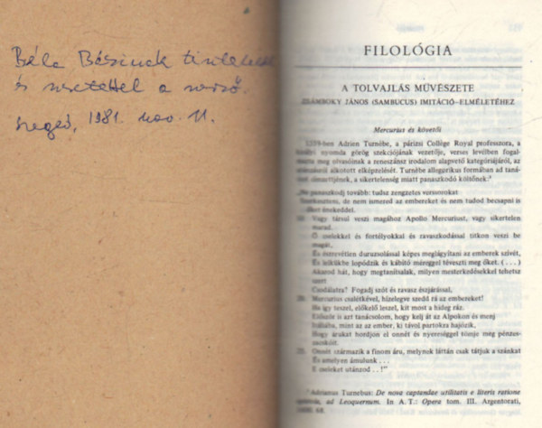 T�gl�sy Imre - A tolvajl�s m�v�szete ( Zs�mboky J�nos ( Sambucus ) imit�ci�-elm�let�hez ) - K�l�nlenyomat - Dedik�lt