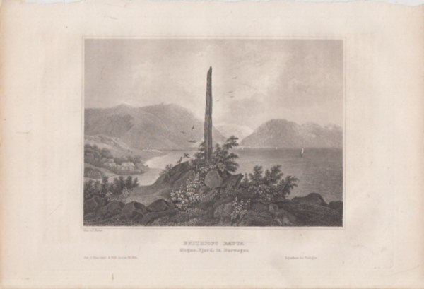 Frithiofs Bauta (BAUTA szikla, Sogne fjord, Norv�gia, Eur�pa) (16x23,5 cm m�ret� eredeti ac�lmetszet, 1856-b�l)