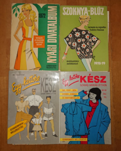 Lukcs Zsuzsa (tervezte s rajzolta) - 5 divattal kapcsolatos magyar kiadvny a 20. szzad vgrl: Szoknya-Blz, Nyri divatalbum 1972, Nyri divatalbum 1979, Egy-kettre ksz ('88-89 sz, tl), Egy-kettre ksz (1989. tavasz, nyr)